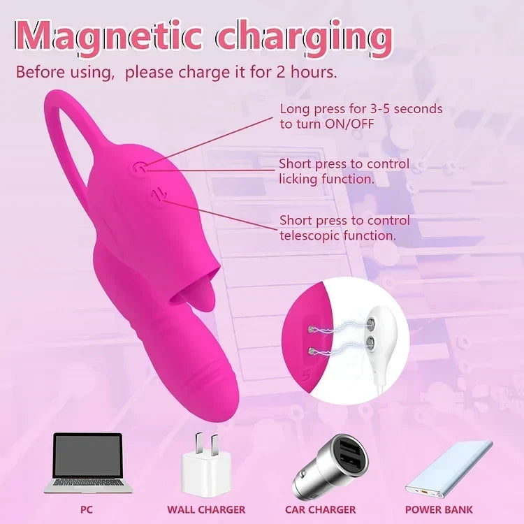 Rose Shape Licking Tongue Vibrator With Nipple Clit Stimulator Thrusting Dildo