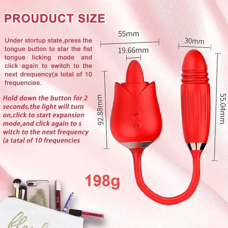 2 In 1 Rose Toy Tongue Licking Rose Vibrator With Telescopic Bullet