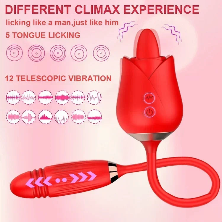 2 In 1 Rose Toy Tongue Licking Rose Vibrator With Telescopic Bullet