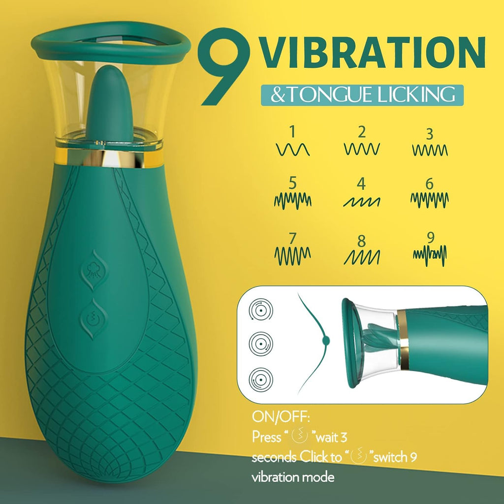 Green clitoral sucking vibrator sex toy, 3 sucking modes, 9 licking modes, nipple and clitoral sucker