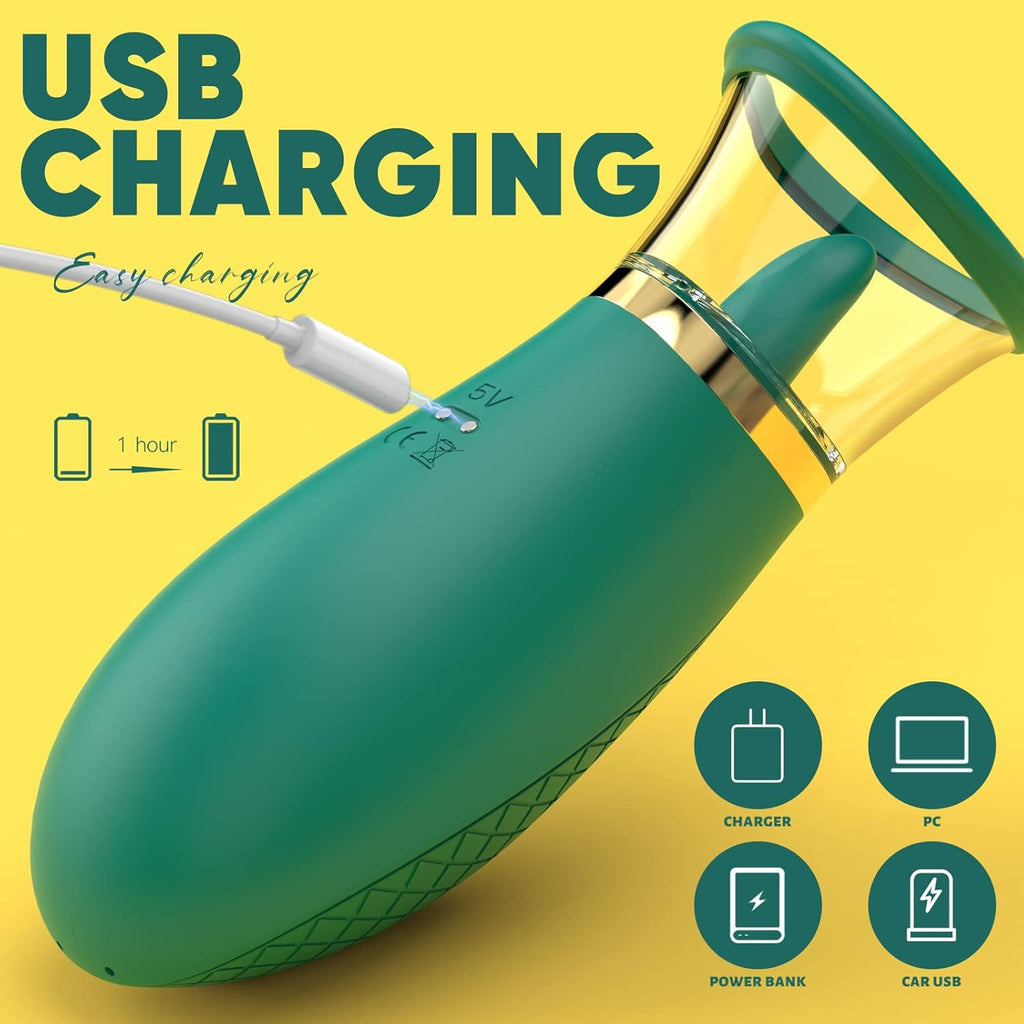 Green clitoral sucking vibrator sex toy, 3 sucking modes, 9 licking modes, nipple and clitoral sucker